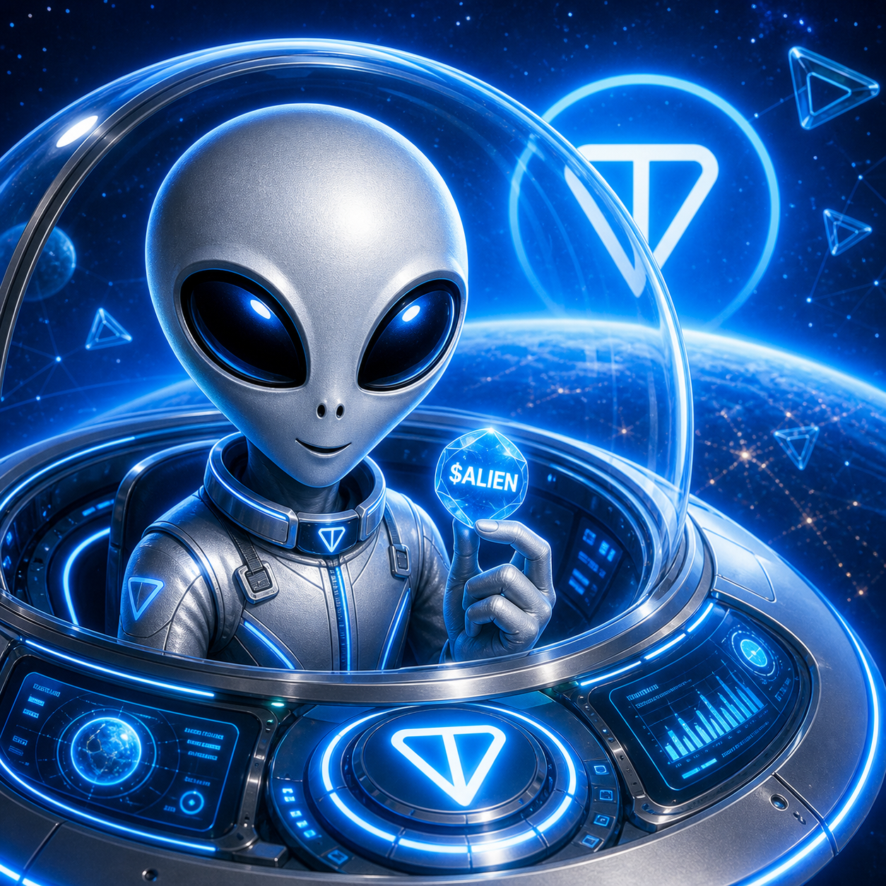 Alien pilot inside a TON-blue UFO cockpit